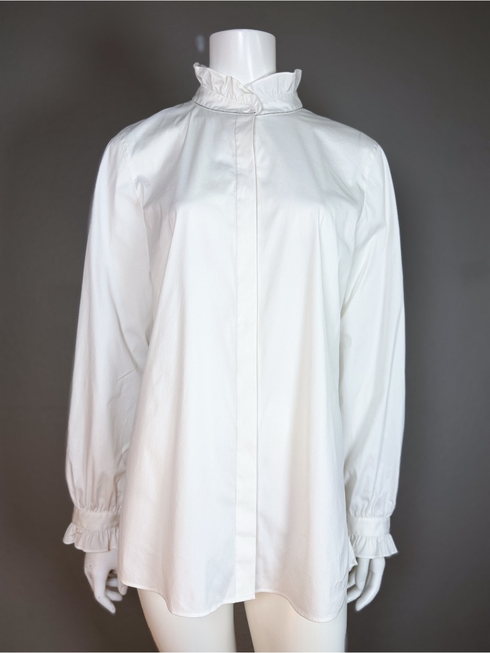 Lafayette 148 White Ruffle Collar High Neck Silver Trim Button Down Blouse L - Picture 11 of 14